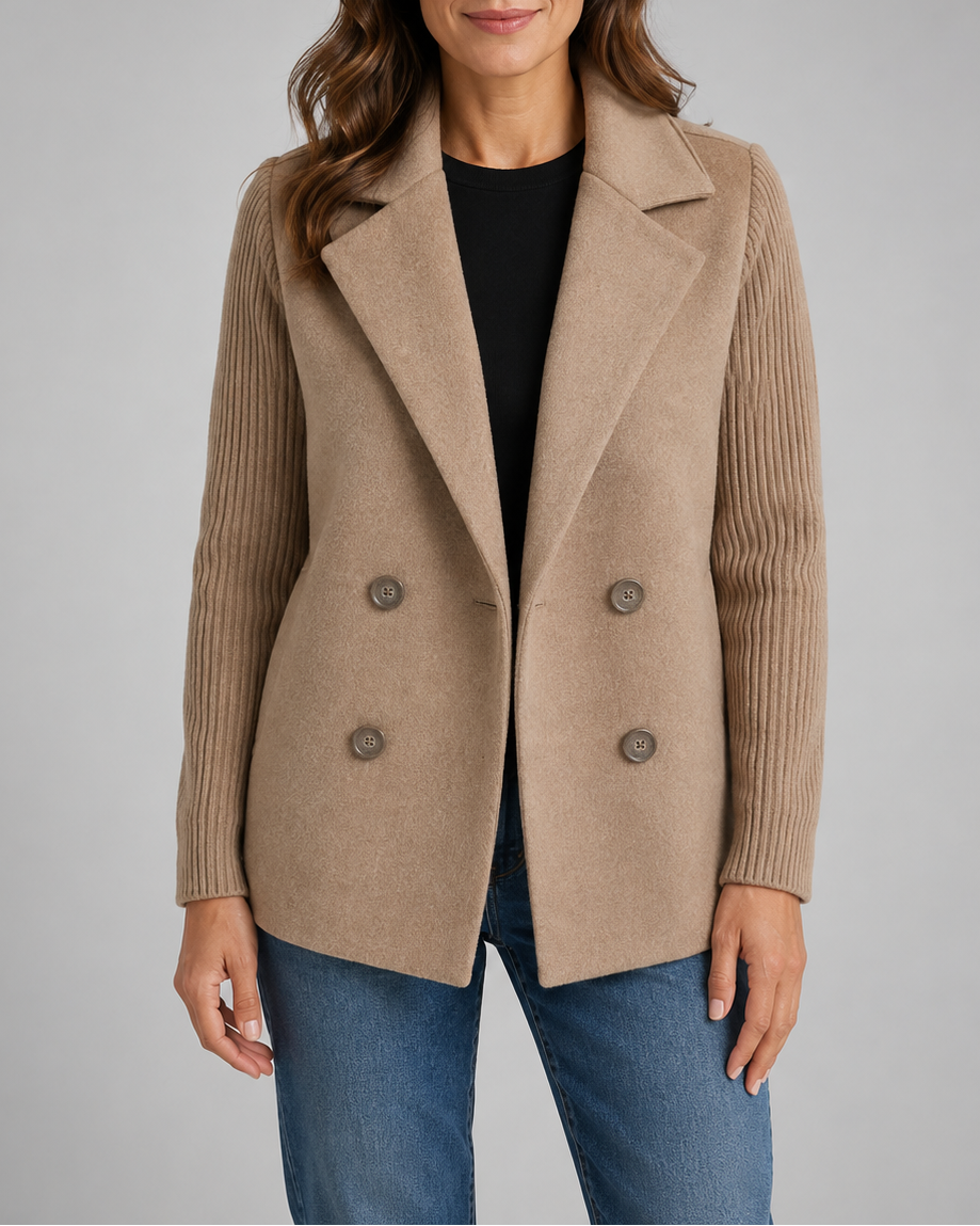 Women's Double Breasted Blazer Jacket with Ribbed Knit Sleeves