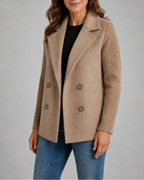 Women's Double Breasted Blazer Jacket with Ribbed Knit Sleeves