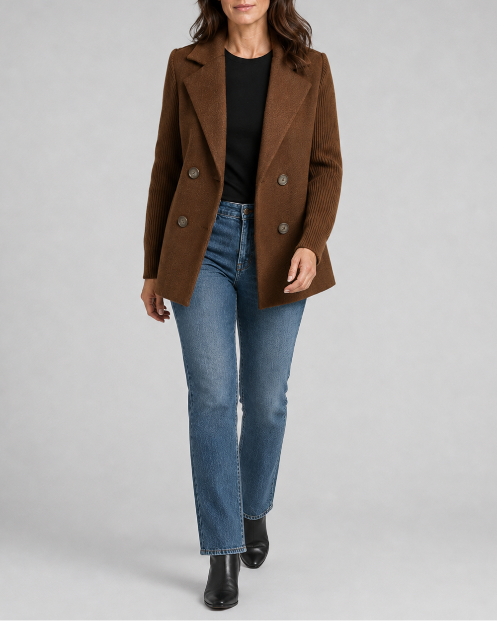 Women's Double Breasted Blazer Jacket with Ribbed Knit Sleeves