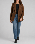 Women's Double Breasted Blazer Jacket with Ribbed Knit Sleeves