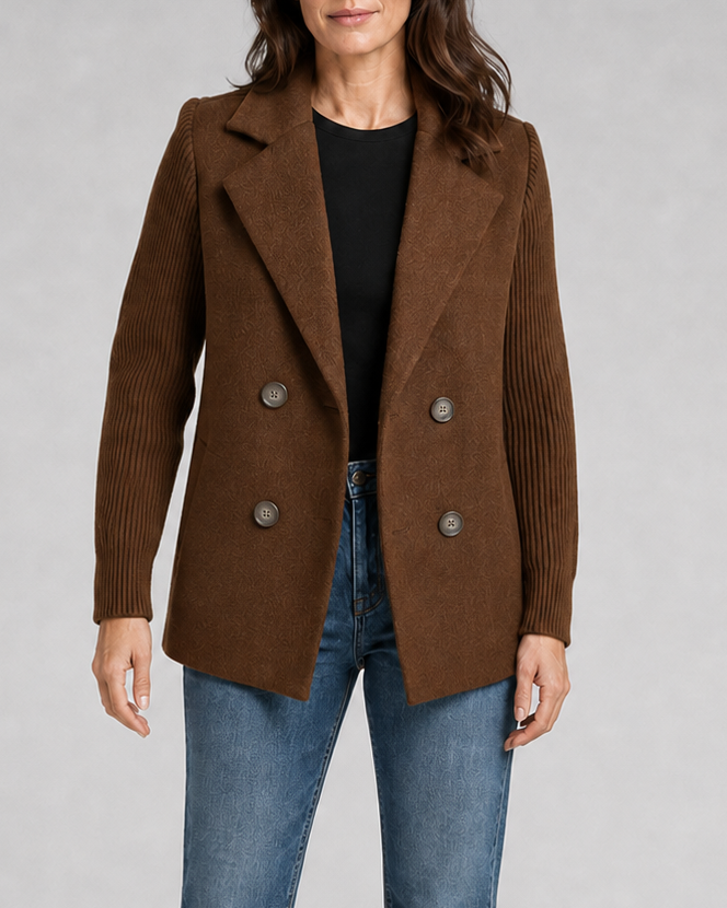 Women's Double Breasted Blazer Jacket with Ribbed Knit Sleeves