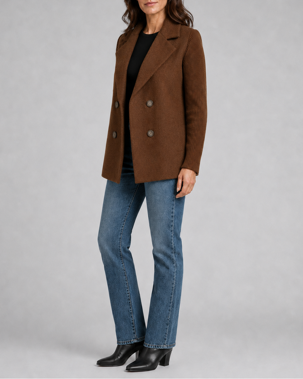 Women's Double Breasted Blazer Jacket with Ribbed Knit Sleeves
