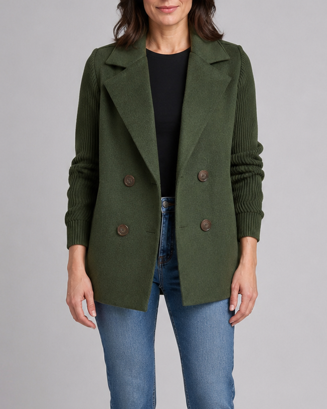 Women's Double Breasted Blazer Jacket with Ribbed Knit Sleeves