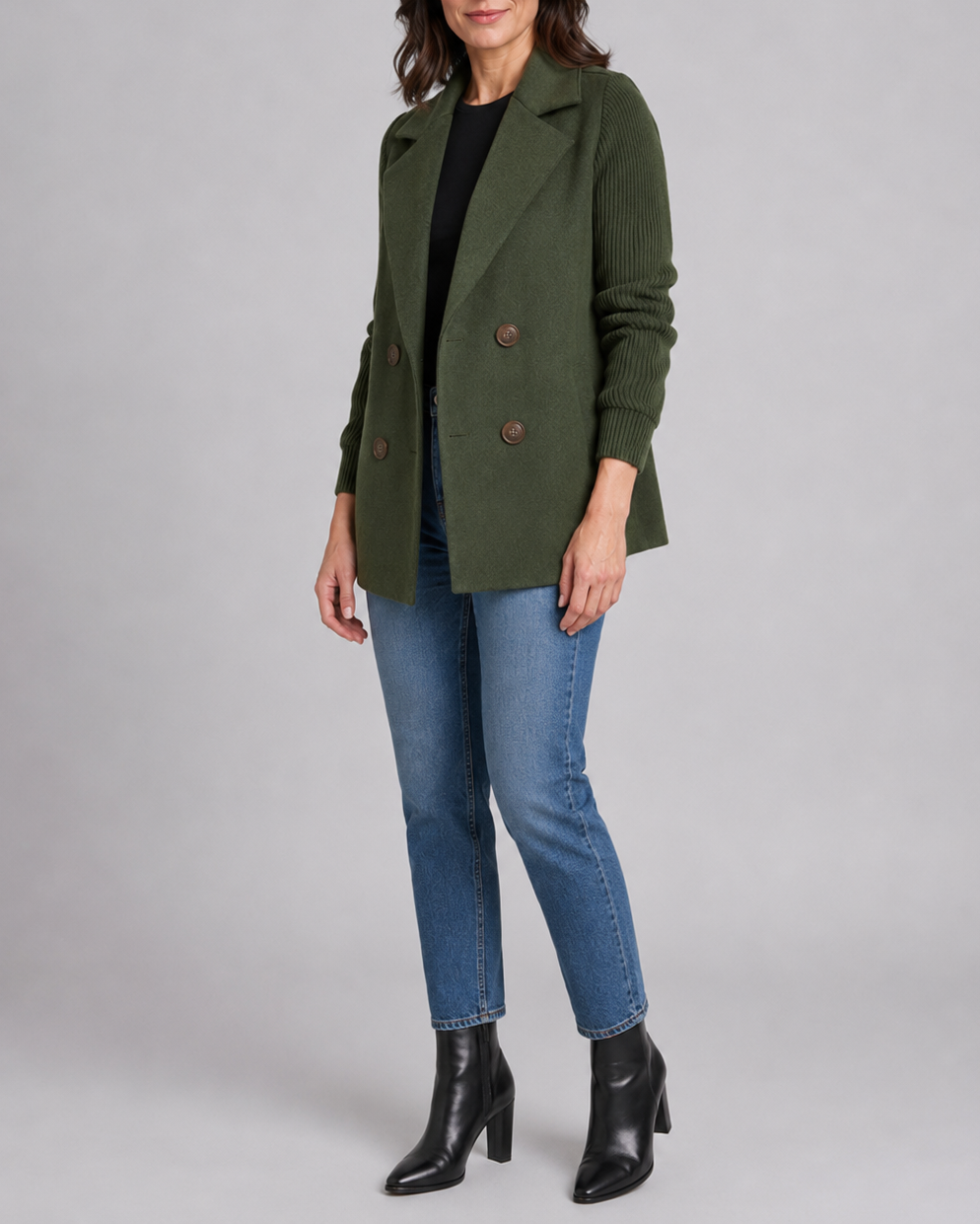Women's Double Breasted Blazer Jacket with Ribbed Knit Sleeves
