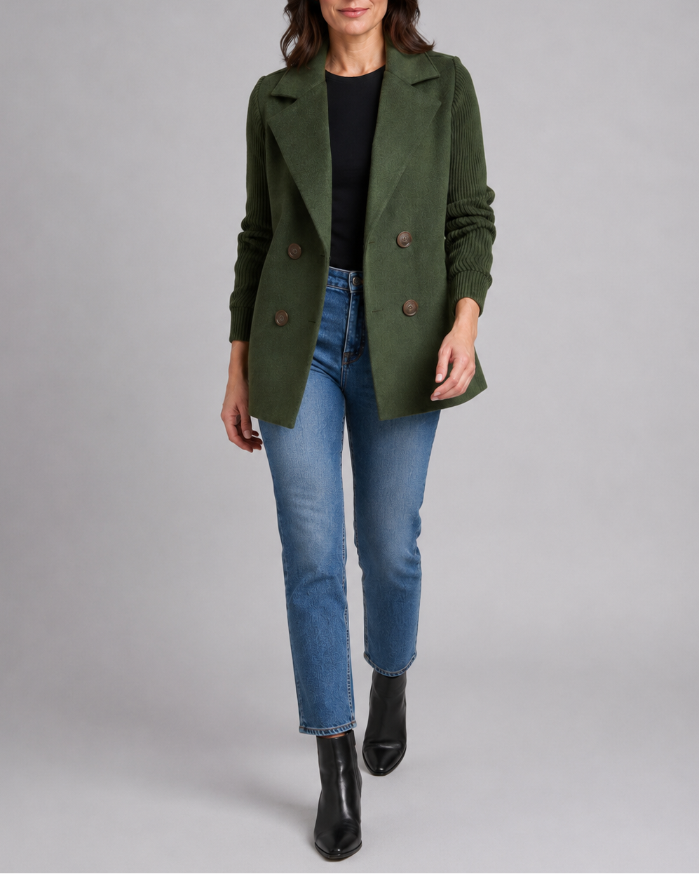 Women's Double Breasted Blazer Jacket with Ribbed Knit Sleeves