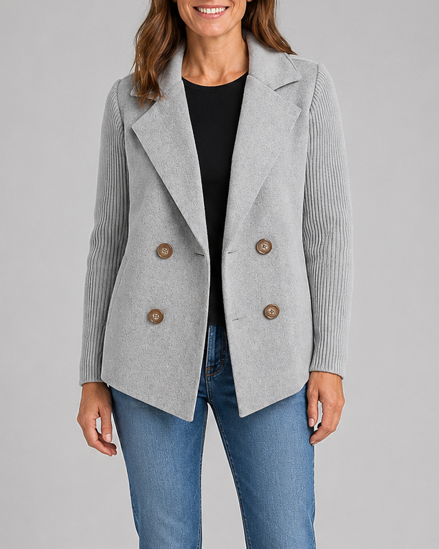 Women's Double Breasted Blazer Jacket with Ribbed Knit Sleeves