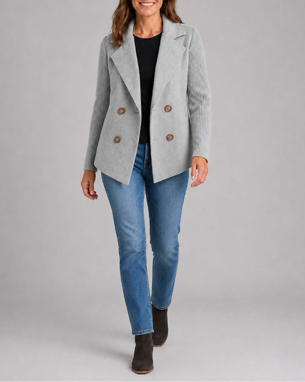 Women's Double Breasted Blazer Jacket with Ribbed Knit Sleeves