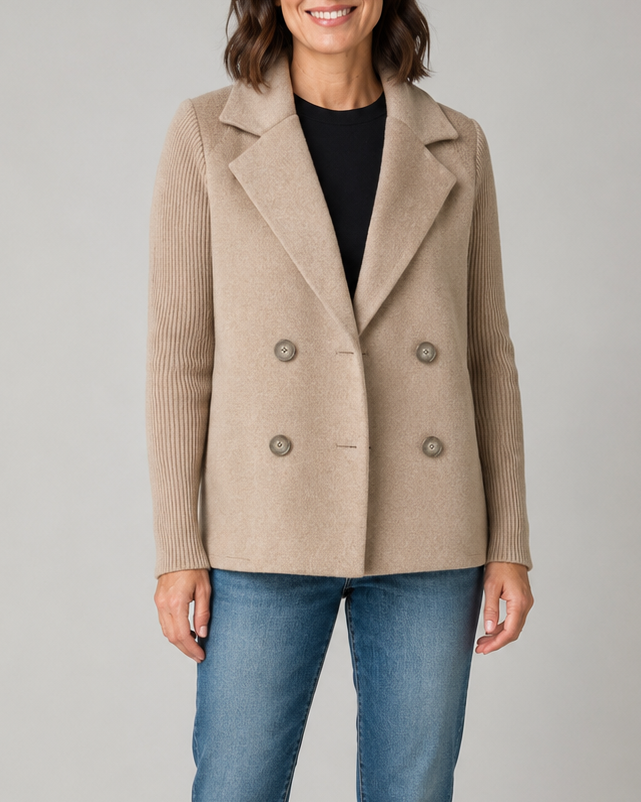 Women's Double Breasted Blazer Jacket with Ribbed Knit Sleeves