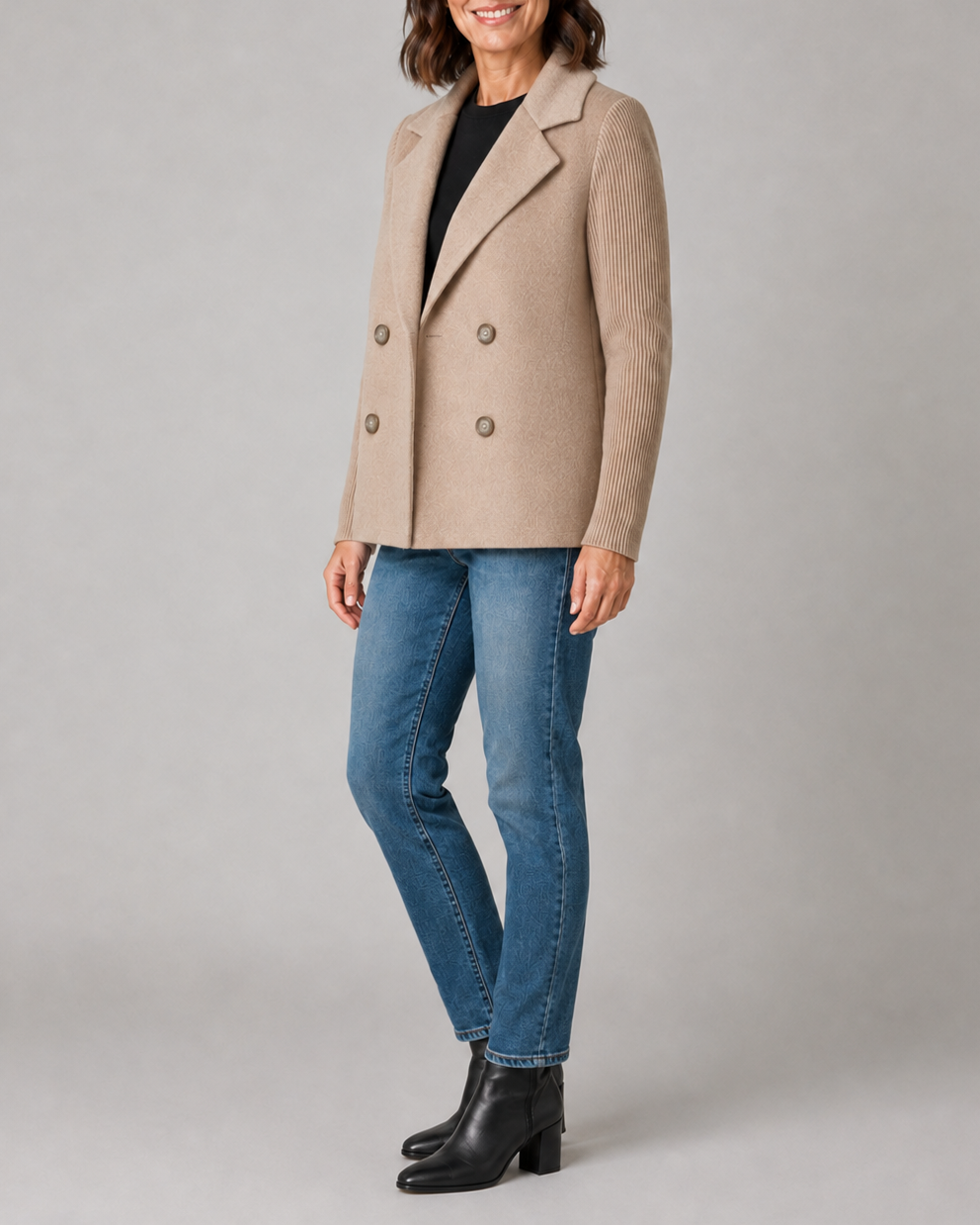 Women's Double Breasted Blazer Jacket with Ribbed Knit Sleeves