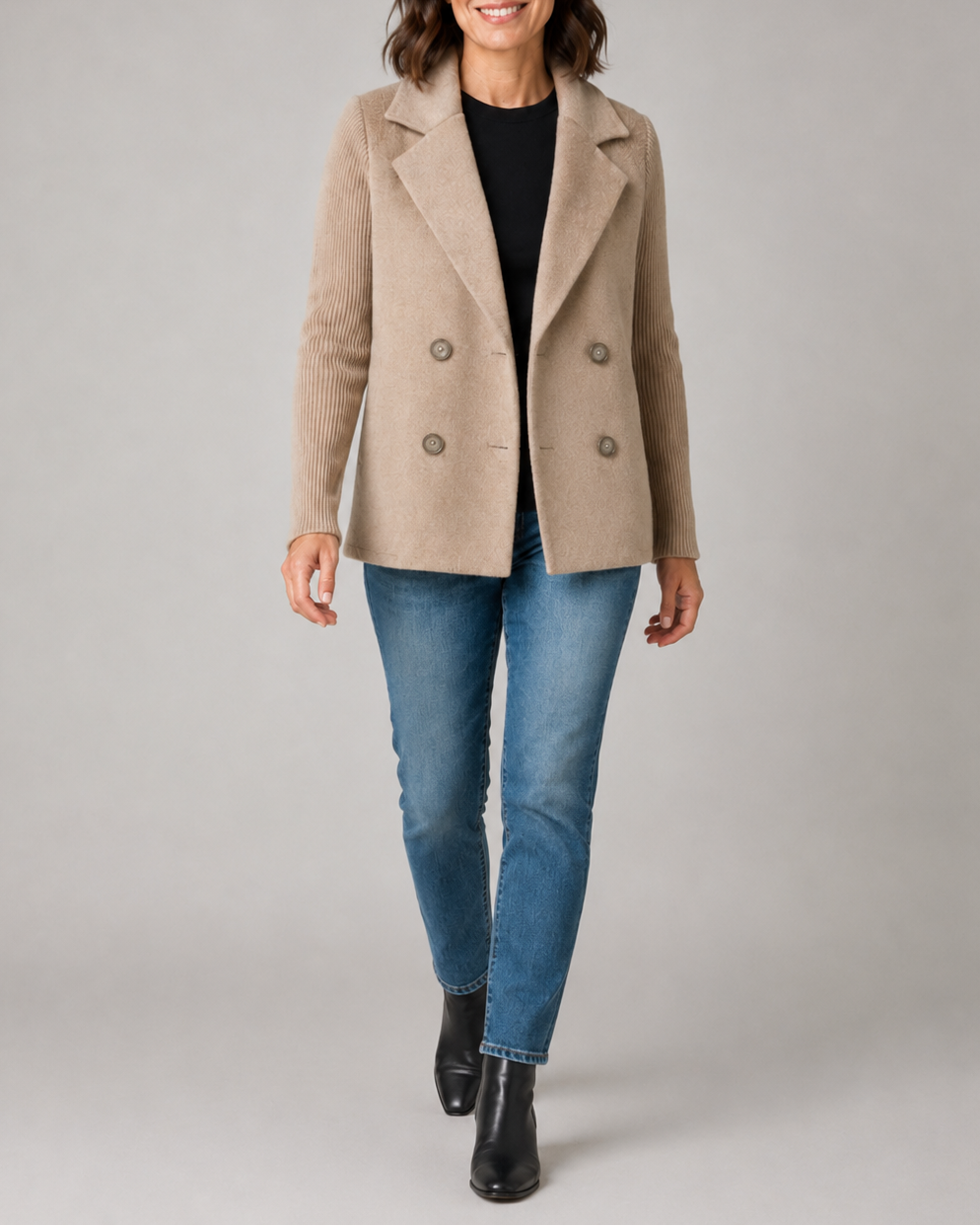 Women's Double Breasted Blazer Jacket with Ribbed Knit Sleeves