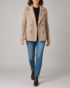 Women's Double Breasted Blazer Jacket with Ribbed Knit Sleeves