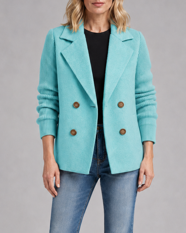 Women's Double Breasted Blazer Jacket with Ribbed Knit Sleeves