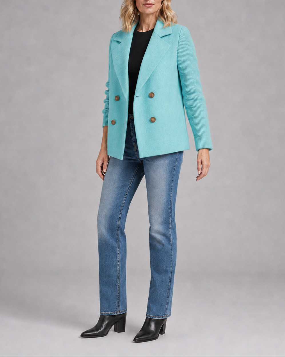 Women's Double Breasted Blazer Jacket with Ribbed Knit Sleeves