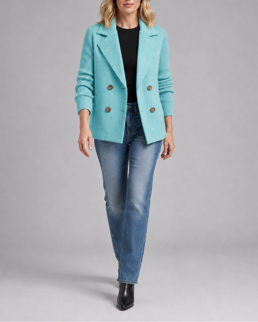 Women's Double Breasted Blazer Jacket with Ribbed Knit Sleeves