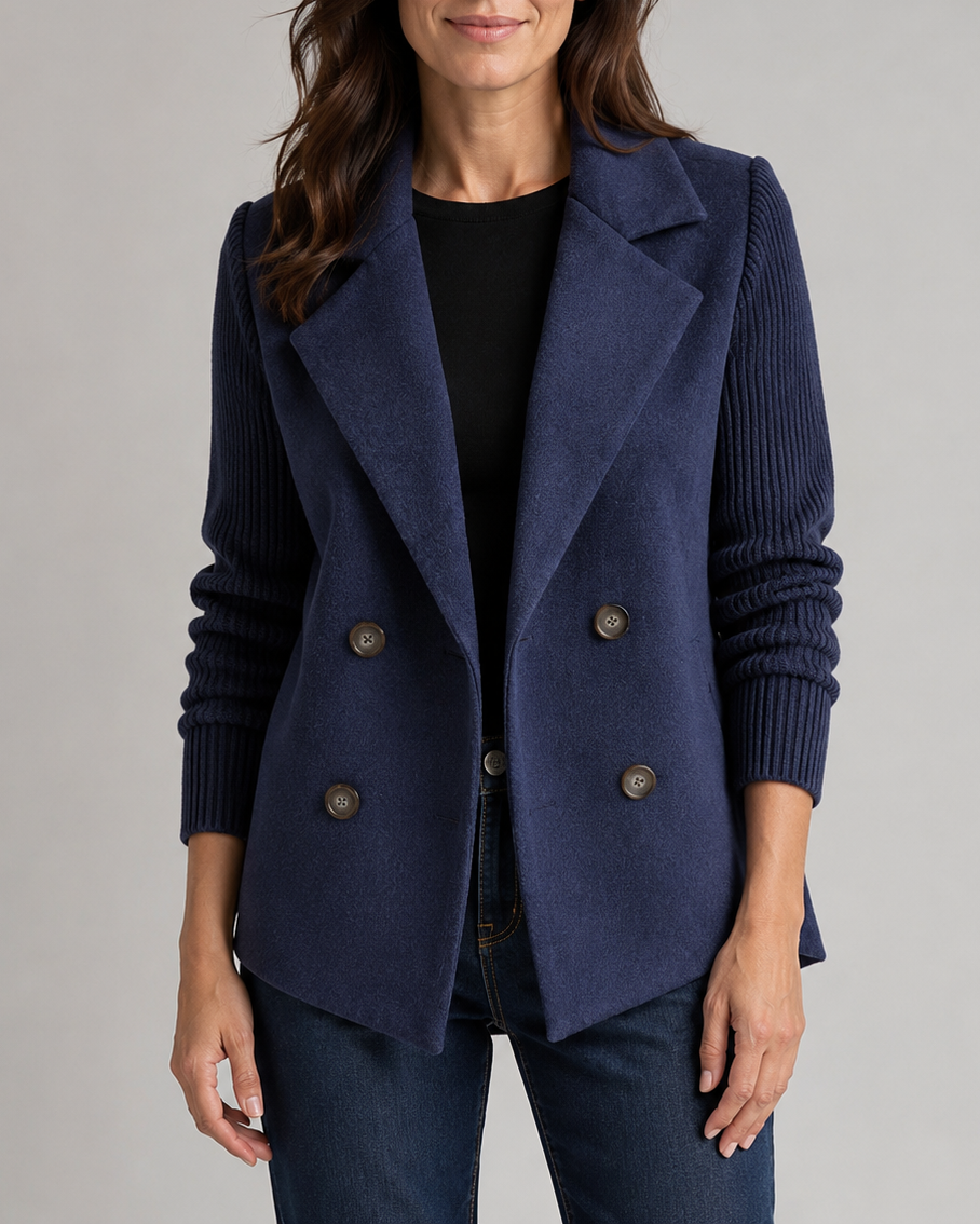Women's Double Breasted Blazer Jacket with Ribbed Knit Sleeves