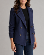 Women's Double Breasted Blazer Jacket with Ribbed Knit Sleeves