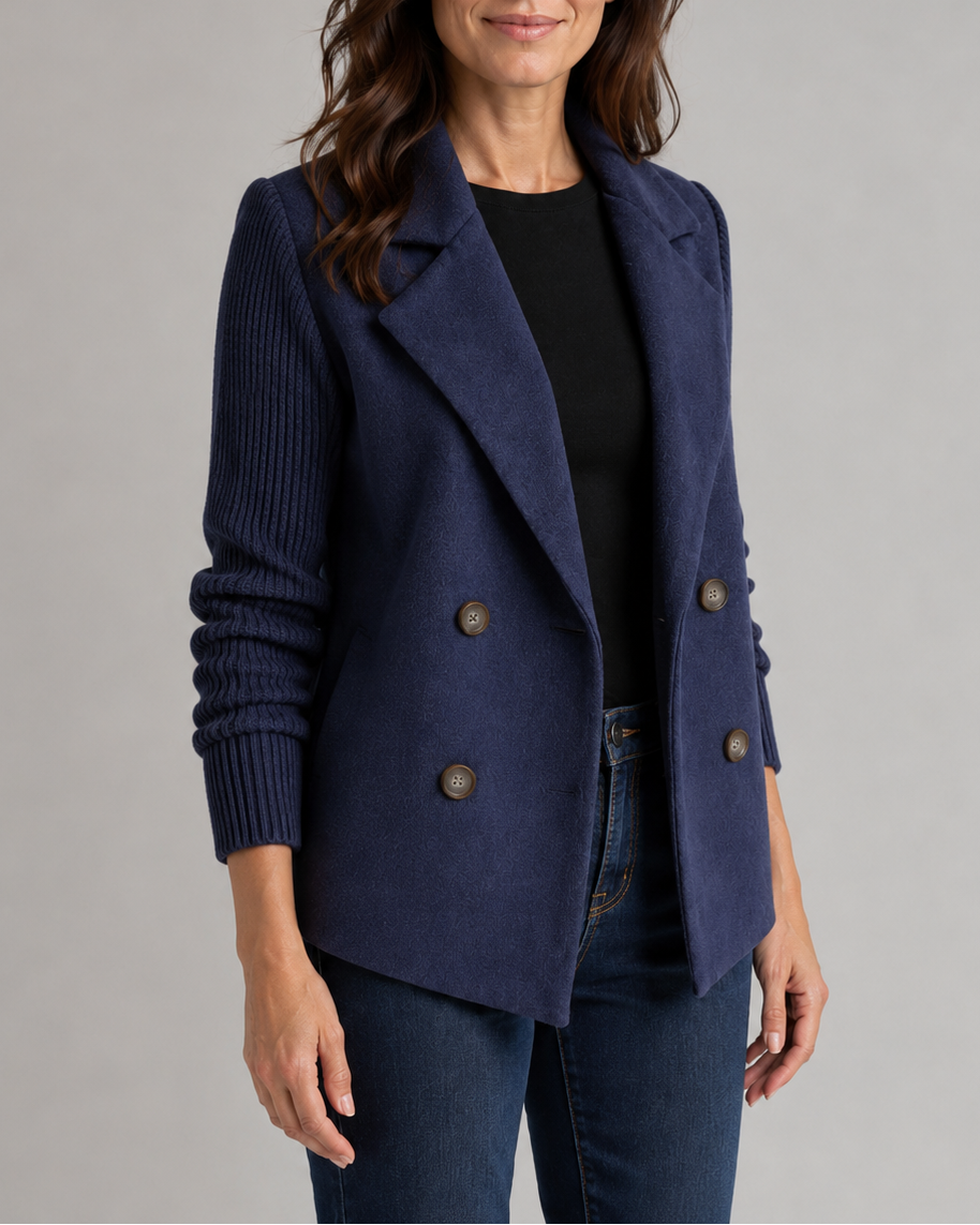 Women's Double Breasted Blazer Jacket with Ribbed Knit Sleeves