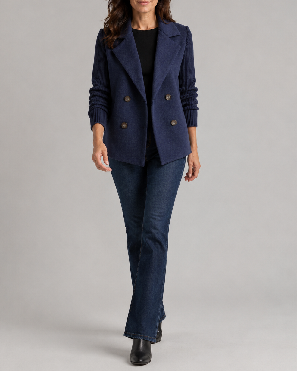 Women's Double Breasted Blazer Jacket with Ribbed Knit Sleeves