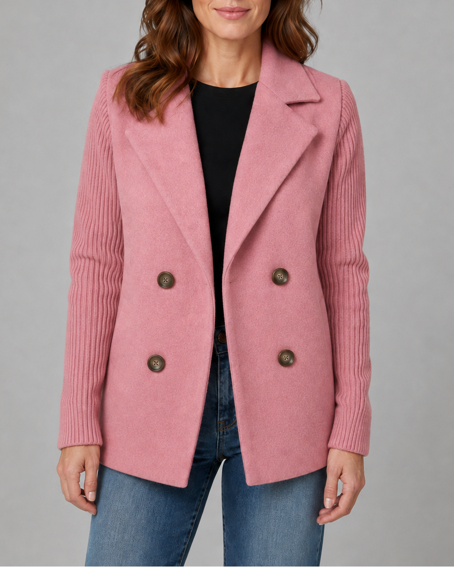 Women's Double Breasted Blazer Jacket with Ribbed Knit Sleeves
