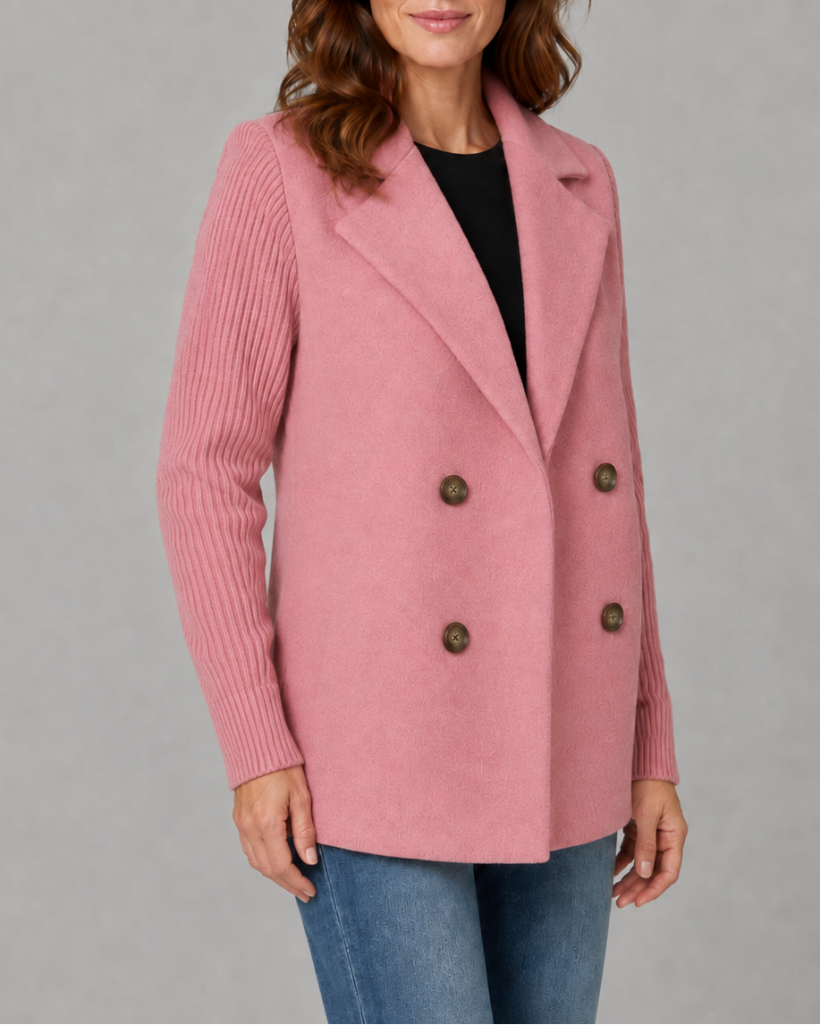Women's Double Breasted Blazer Jacket with Ribbed Knit Sleeves