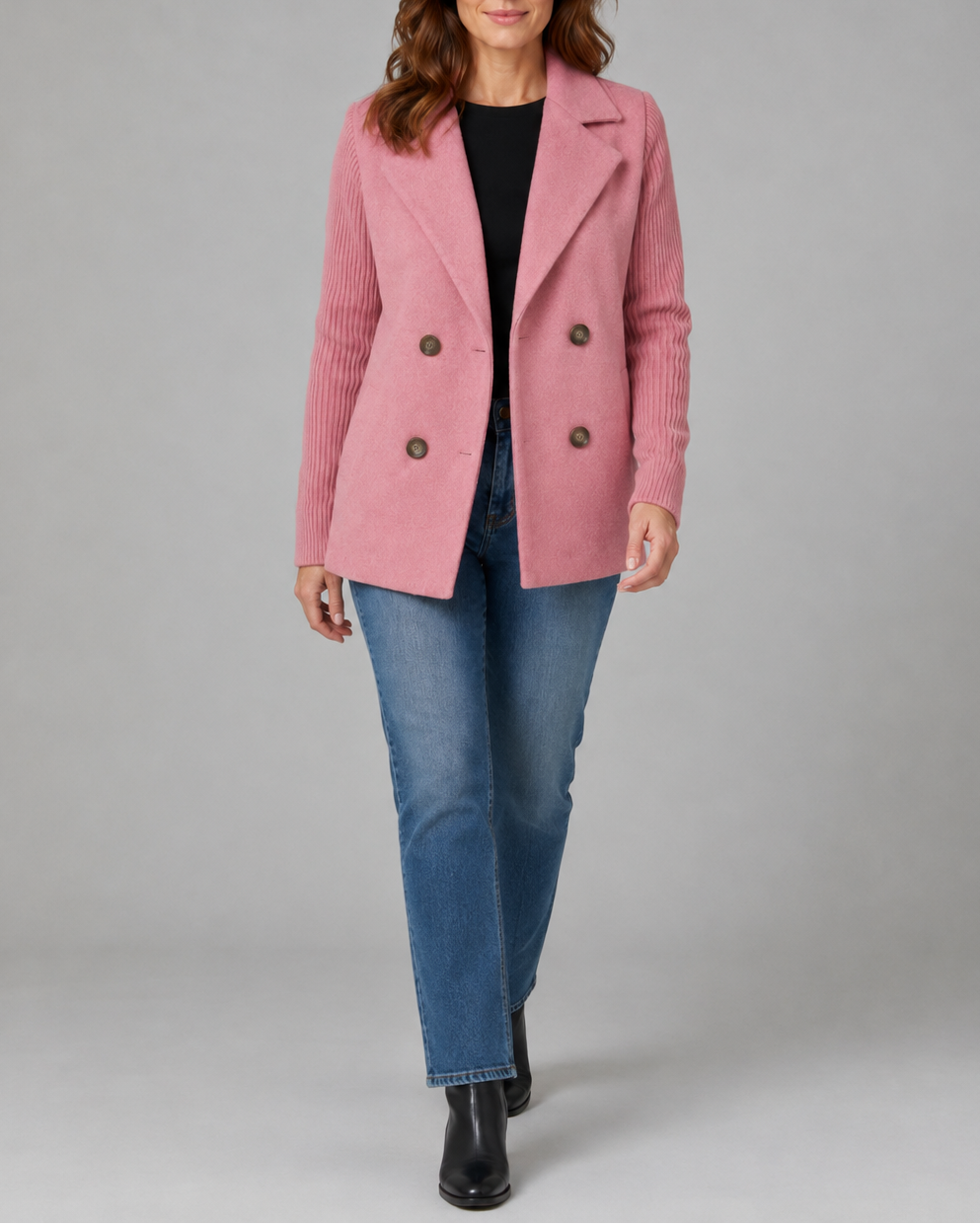 Women's Double Breasted Blazer Jacket with Ribbed Knit Sleeves