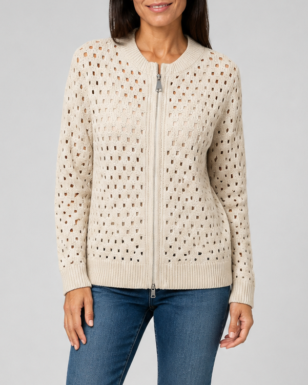 Women's Zip Up Pointelle Knit Cardigan with Round Neck