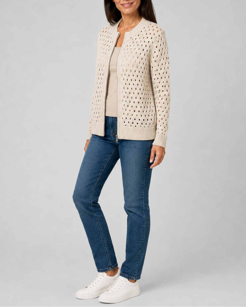 Women's Zip Up Pointelle Knit Cardigan with Round Neck
