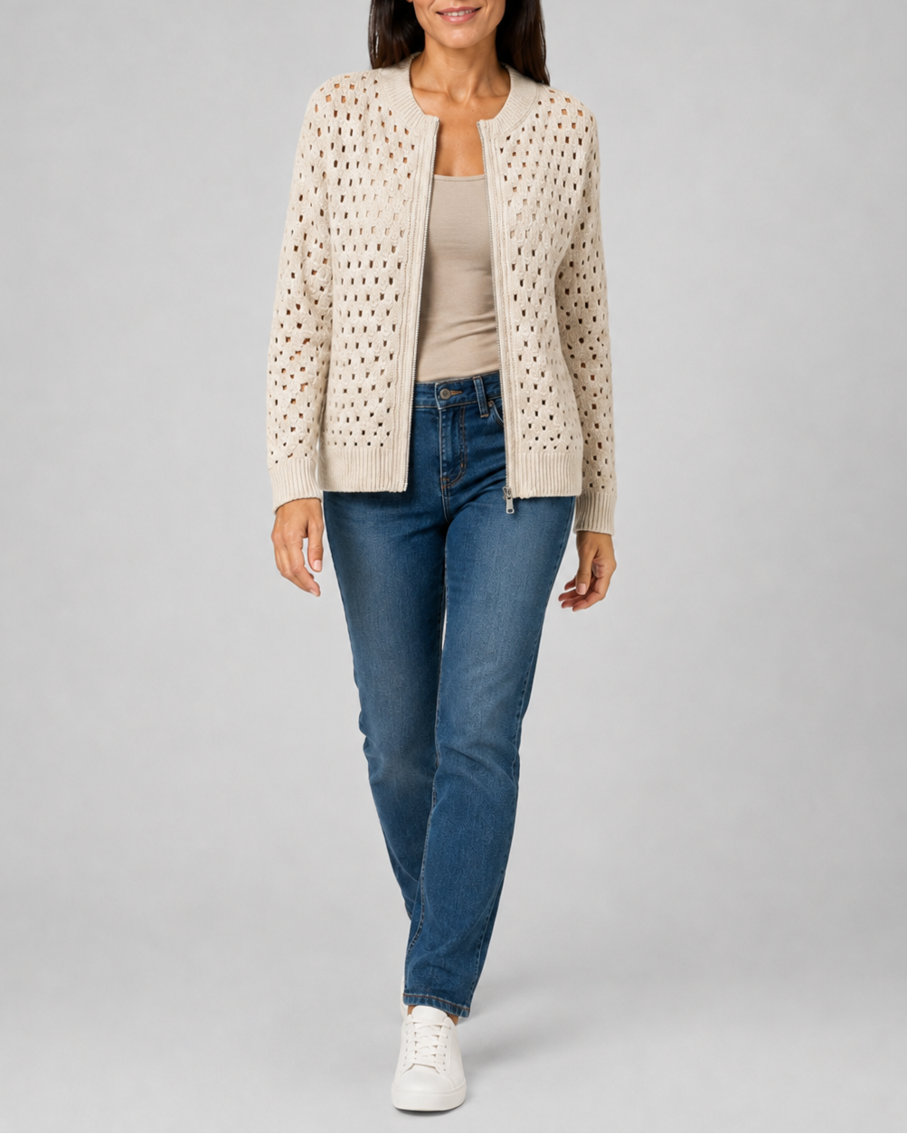 Women's Zip Up Pointelle Knit Cardigan with Round Neck