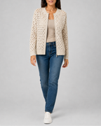 Women's Zip Up Pointelle Knit Cardigan with Round Neck