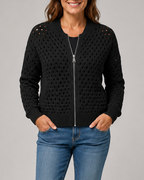 Women's Zip Up Pointelle Knit Cardigan with Round Neck