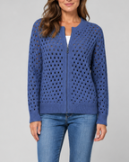 Women's Zip Up Pointelle Knit Cardigan with Round Neck