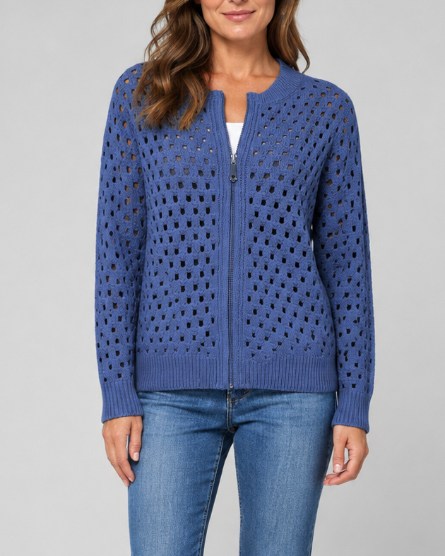Women's Zip Up Pointelle Knit Cardigan with Round Neck