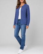 Women's Zip Up Pointelle Knit Cardigan with Round Neck