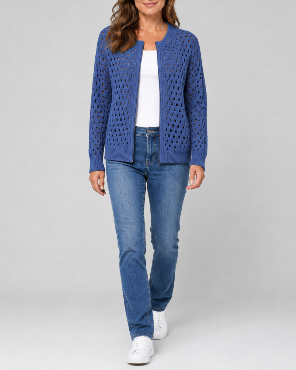 Women's Zip Up Pointelle Knit Cardigan with Round Neck