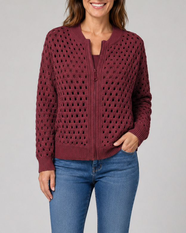 Women's Zip Up Pointelle Knit Cardigan with Round Neck