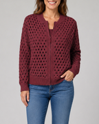 Women's Zip Up Pointelle Knit Cardigan with Round Neck