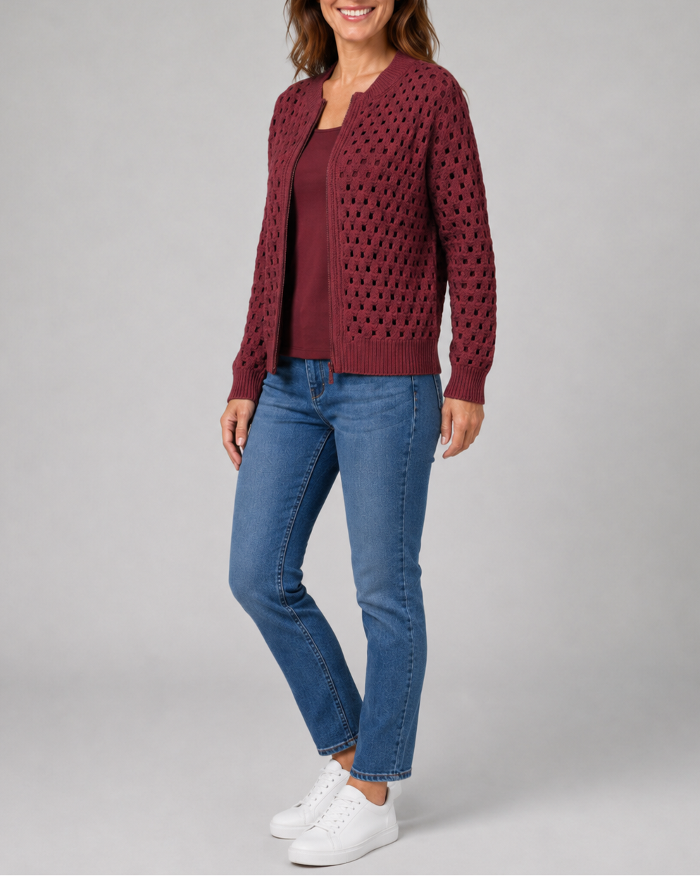 Women's Zip Up Pointelle Knit Cardigan with Round Neck