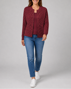 Women's Zip Up Pointelle Knit Cardigan with Round Neck