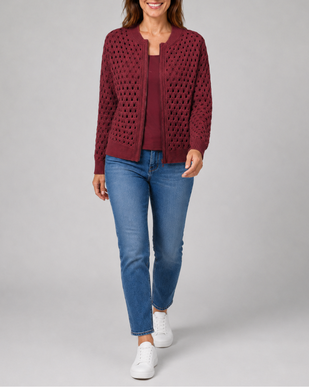 Women's Zip Up Pointelle Knit Cardigan with Round Neck