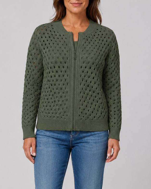 Women's Zip Up Pointelle Knit Cardigan with Round Neck