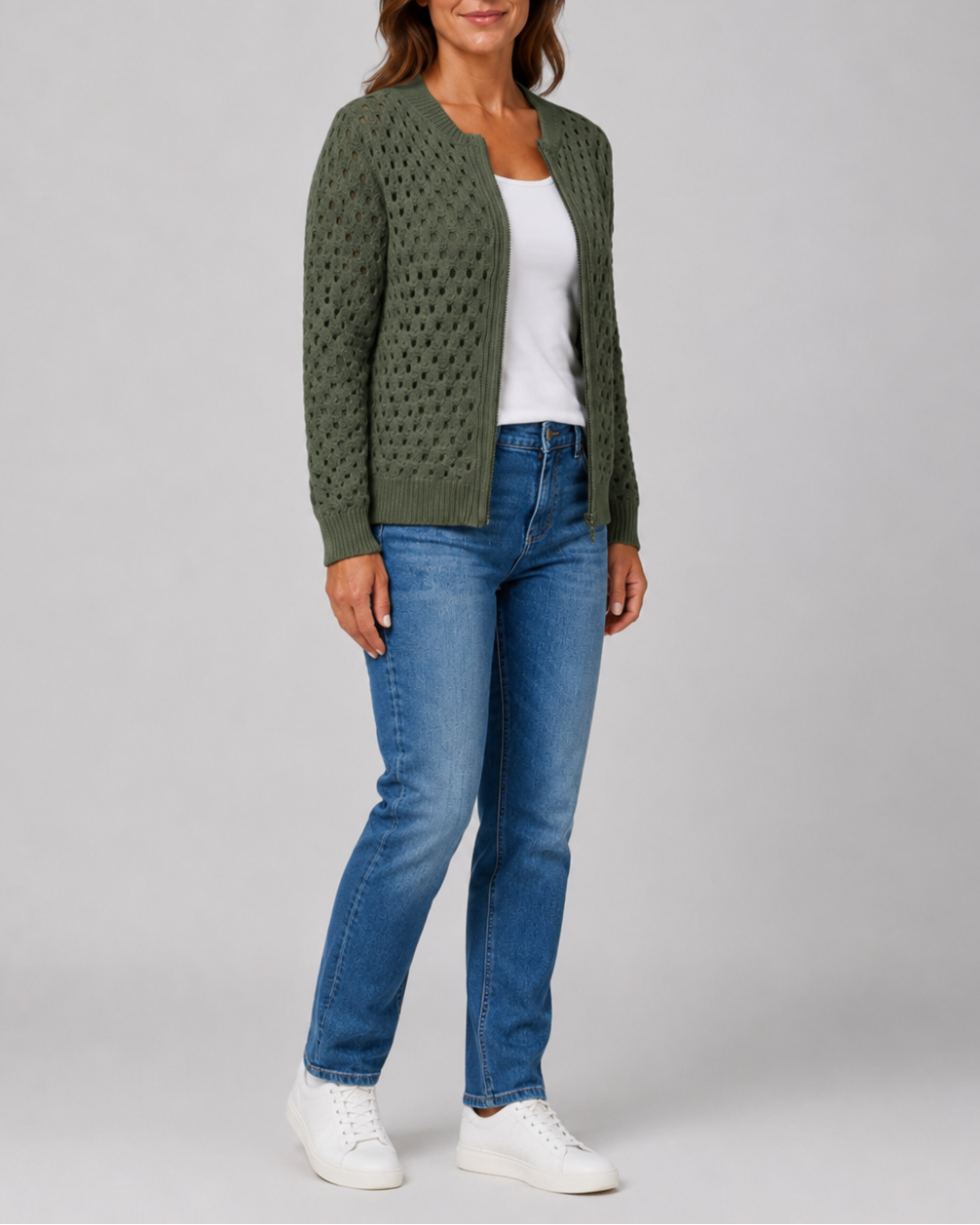 Women's Zip Up Pointelle Knit Cardigan with Round Neck