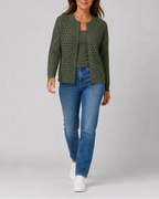 Women's Zip Up Pointelle Knit Cardigan with Round Neck