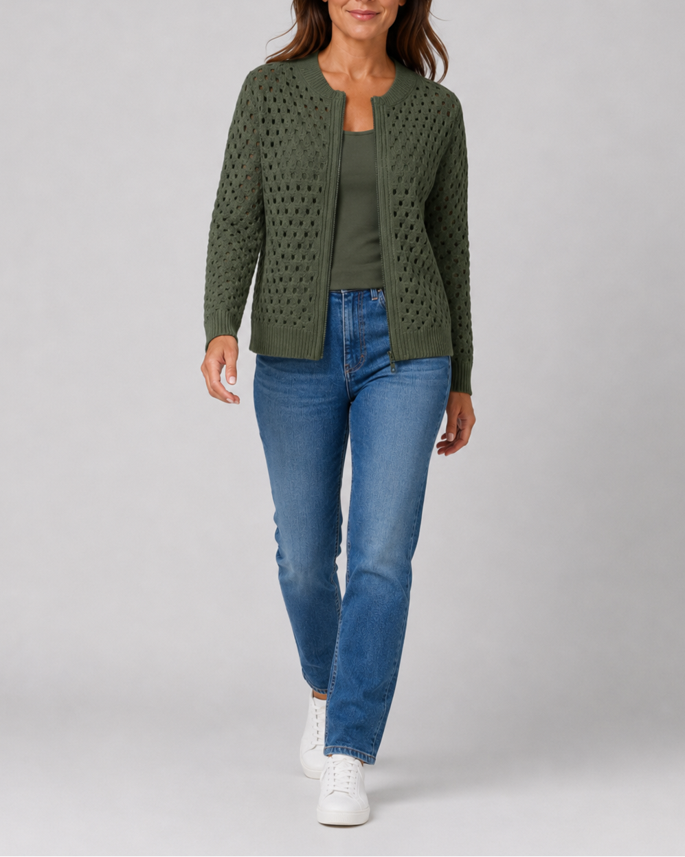 Women's Zip Up Pointelle Knit Cardigan with Round Neck