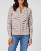 Women's Zip Up Pointelle Knit Cardigan with Round Neck