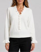 Women's Frill V Neck Pearl Button Knit Jumper