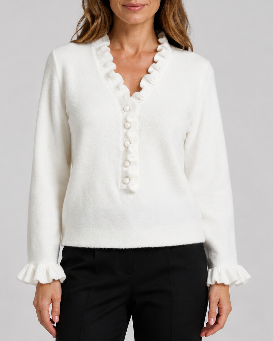 Women's Frill V Neck Pearl Button Knit Jumper