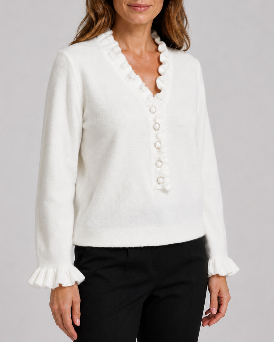 Women's Frill V Neck Pearl Button Knit Jumper