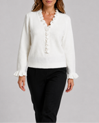 Women's Frill V Neck Pearl Button Knit Jumper