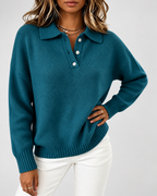 Women's Knitted Polo Jumper with Button Placket and Dropped Shoulders