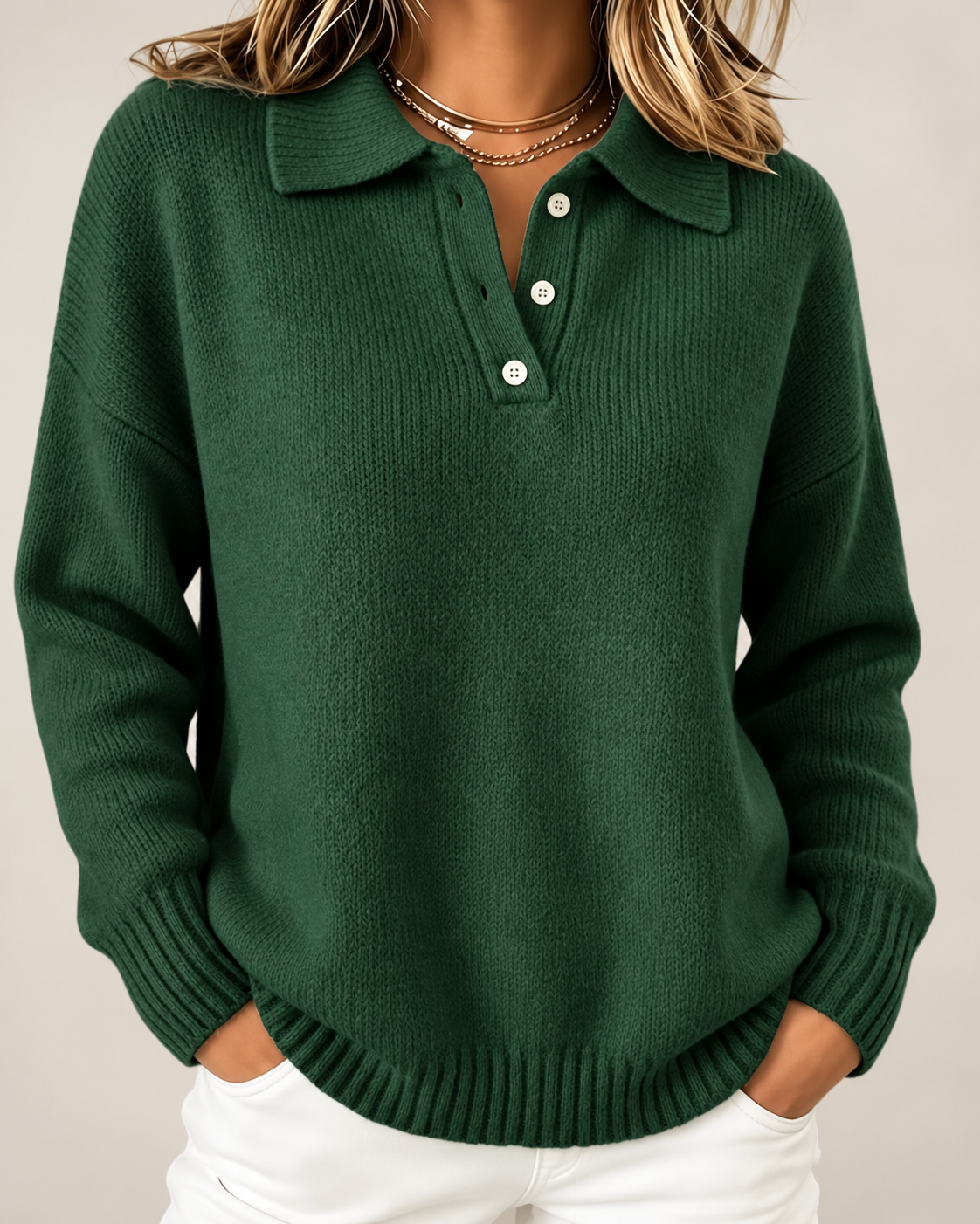 Women's Knitted Polo Jumper with Button Placket and Dropped Shoulders
